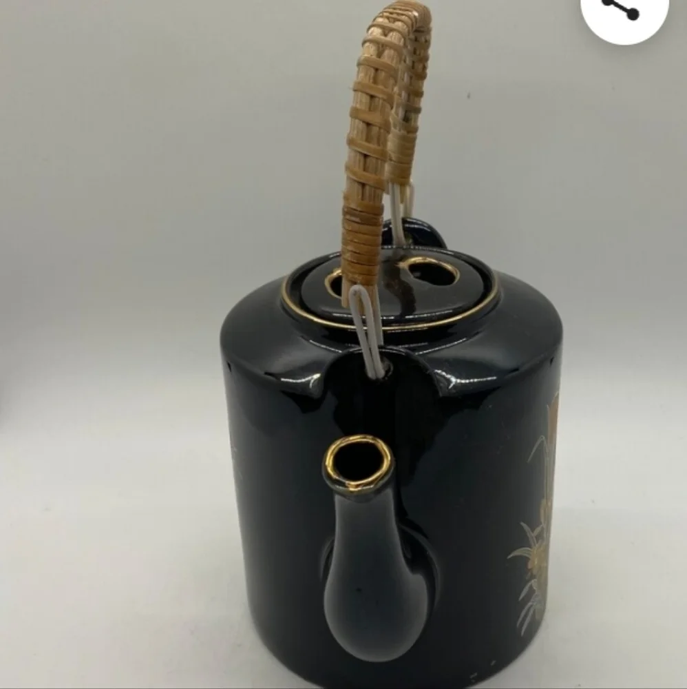 Vintage Black Teapot w/Wicker Handle -Made in Japan